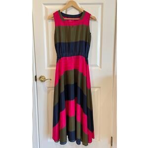 Striped Sleeveless Maxi Dress - Olive, Navy & Pink - Size Small